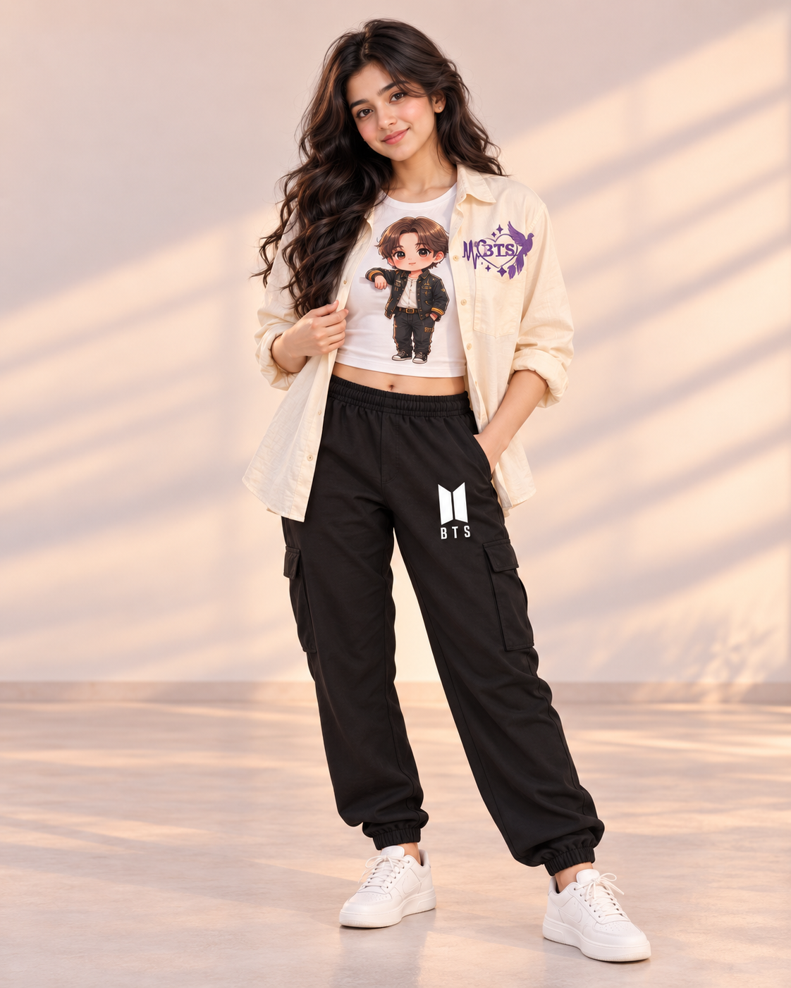Example complete casual outfit with chibi tee and cream overshirt